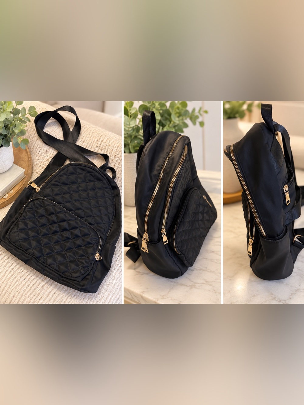 Quilted Black Backpack purse with Gold Hardware